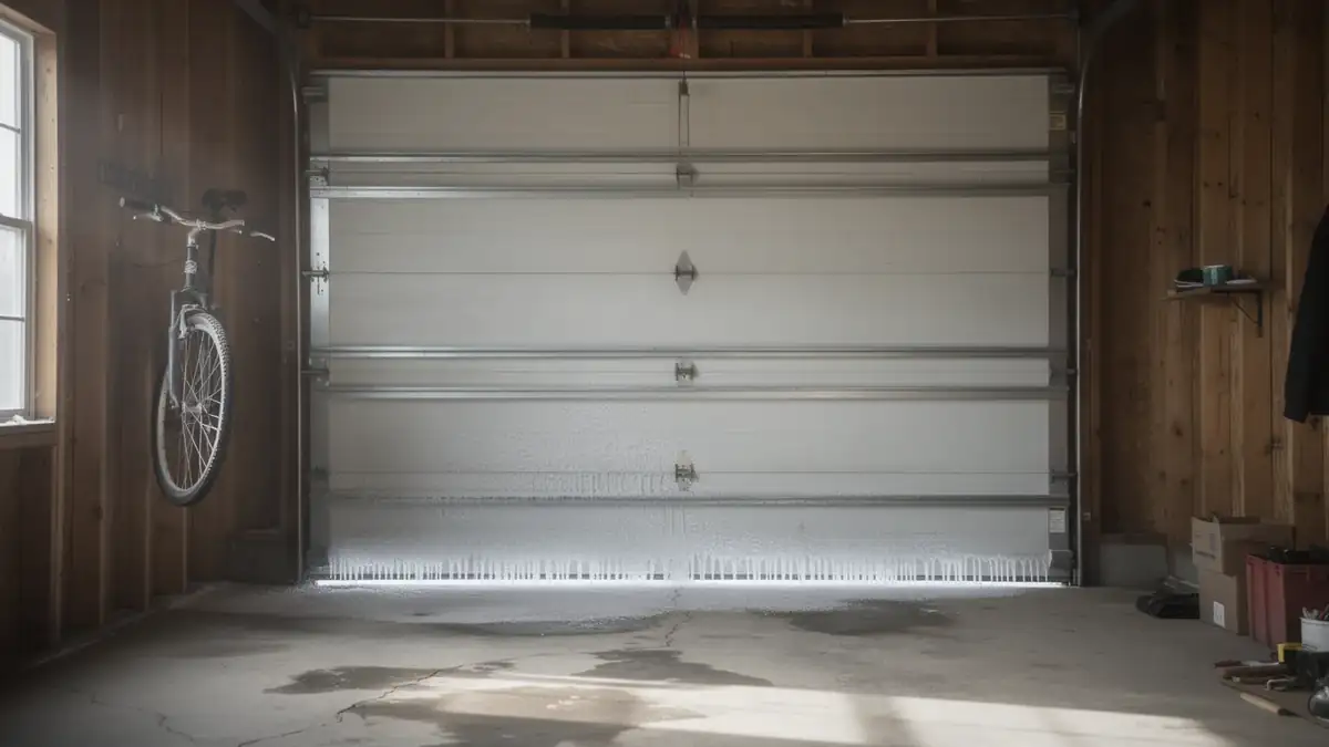 The white garage door has icicles hanging from the bottom edge.