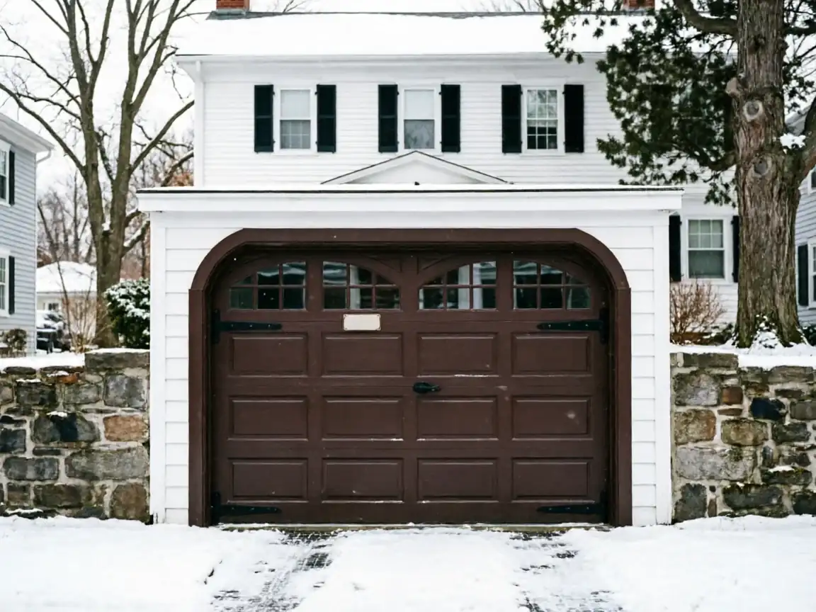 A brown garage door with windows is on a white house in the snow.