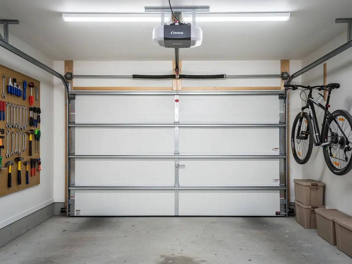 A white garage door is closed with an opener, springs, and tracks visible.