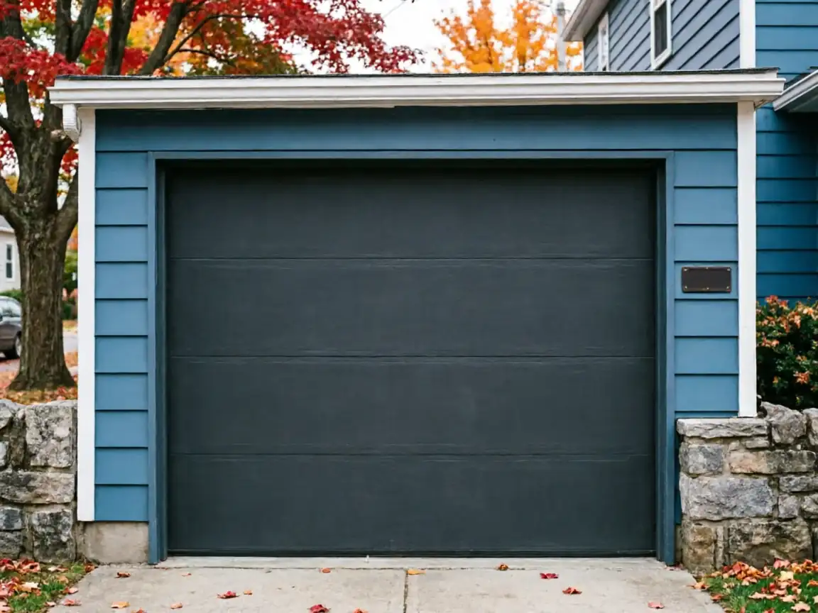 A dark gray garage door is set into a blue house with white trim and stone accents.